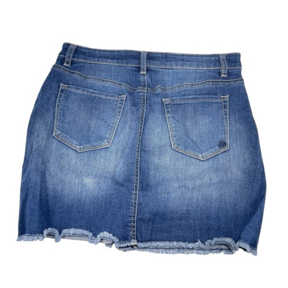 Indigo Rein 7 Blue Denim Mini Skirt Button Front Raw Hem Y2K Boho Festival - Picture 3 of 6